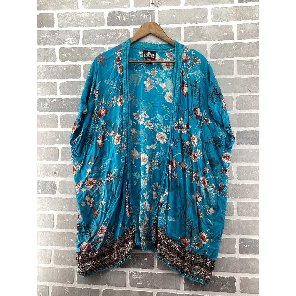 Angie Floral Kimono Wrap Turquoise Blue Boho Crochet Trim Open Front Cardigan M